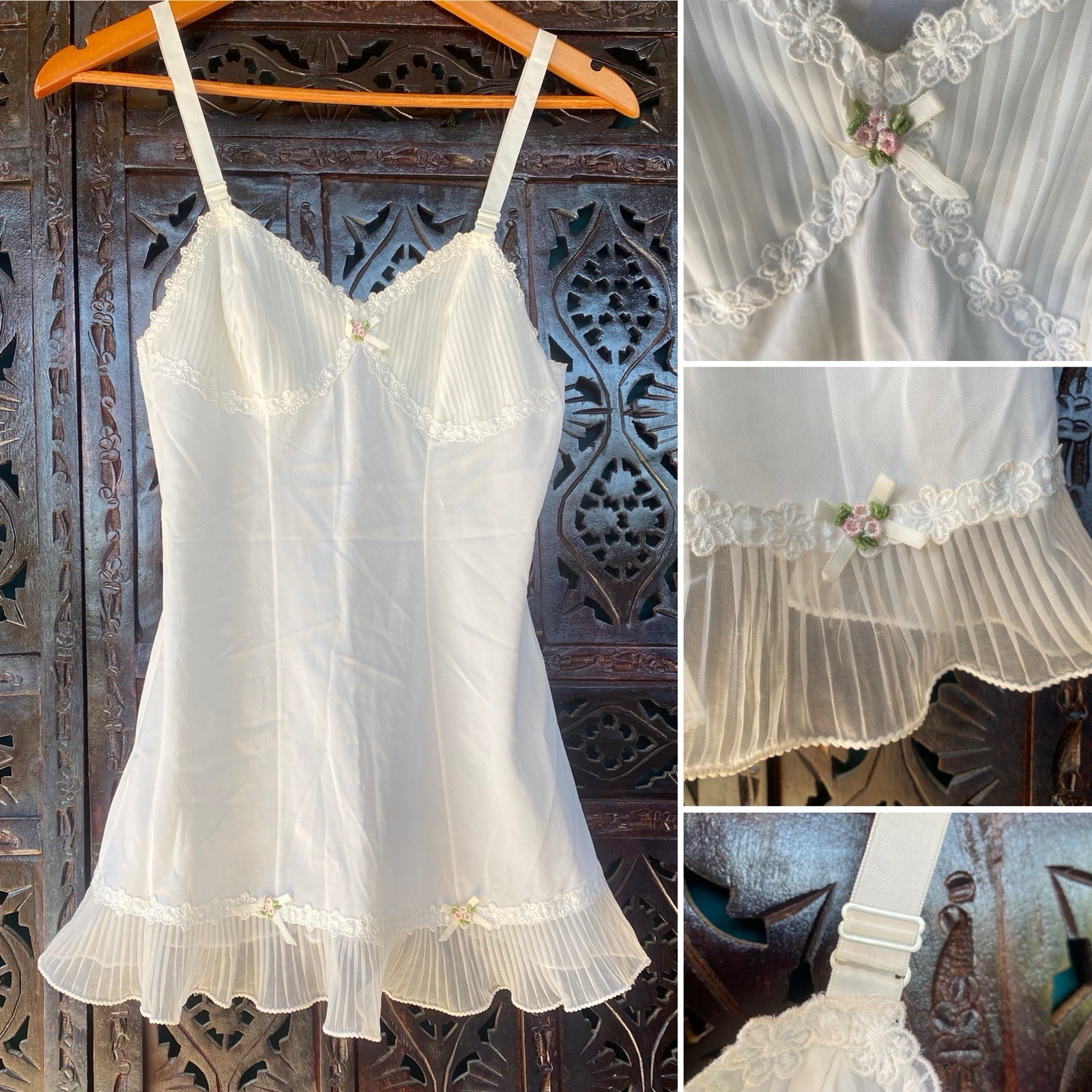 VTG Ivory Lace Mini Nightgown Slip Dress Womens S Ruffle Boudoir Cami Coquette