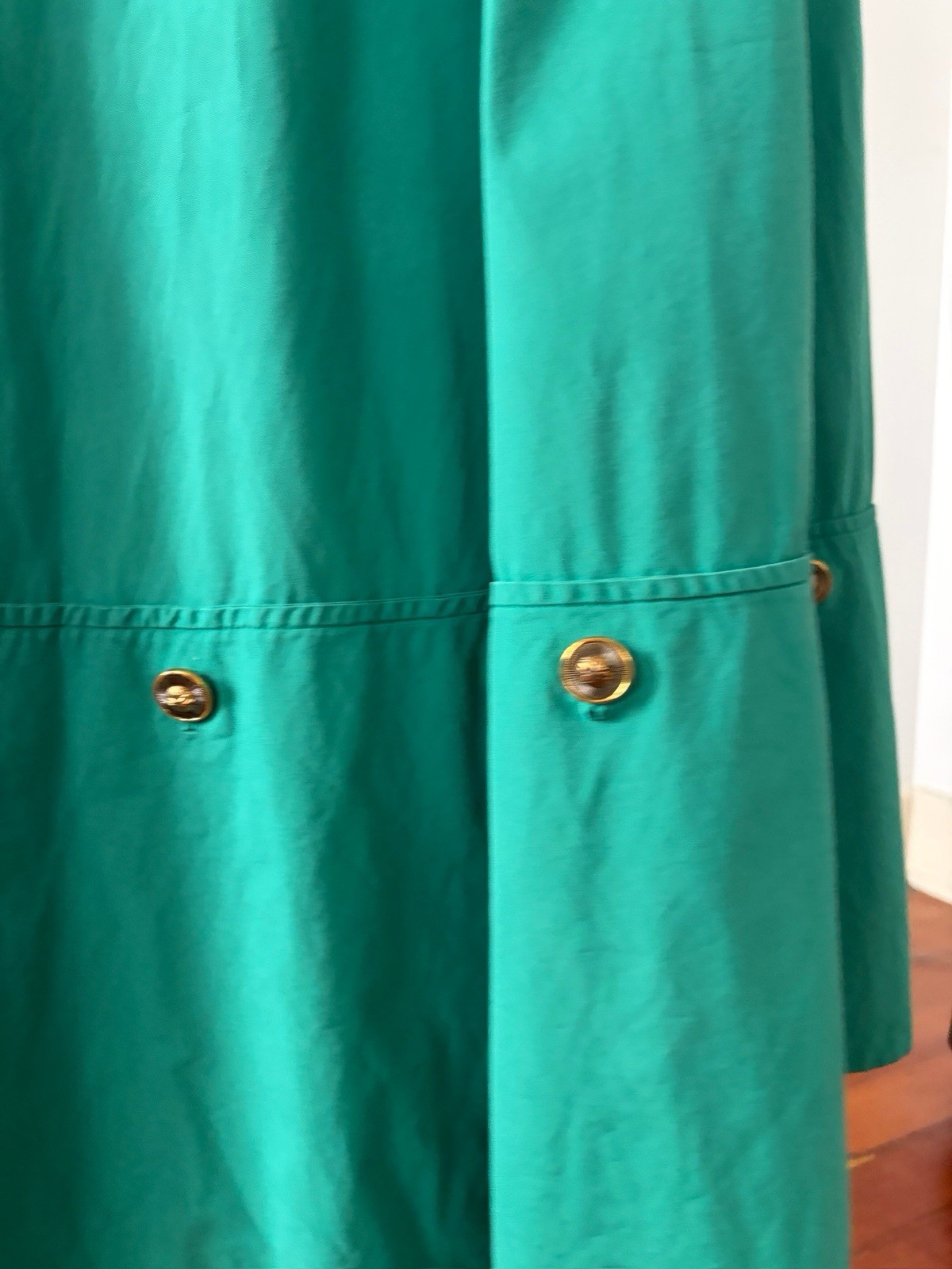 1950s Jade Green Polished Cotton Day Dress Midi Bateau Neck Crest Buttons Resort
