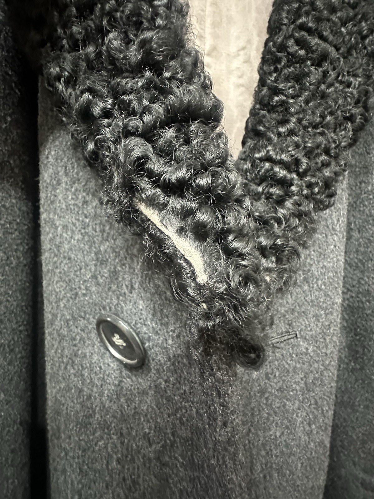 Vintage 1940’s Charcoal Wool Coat Winter with Persian Lamb Fur Collar Woman’s