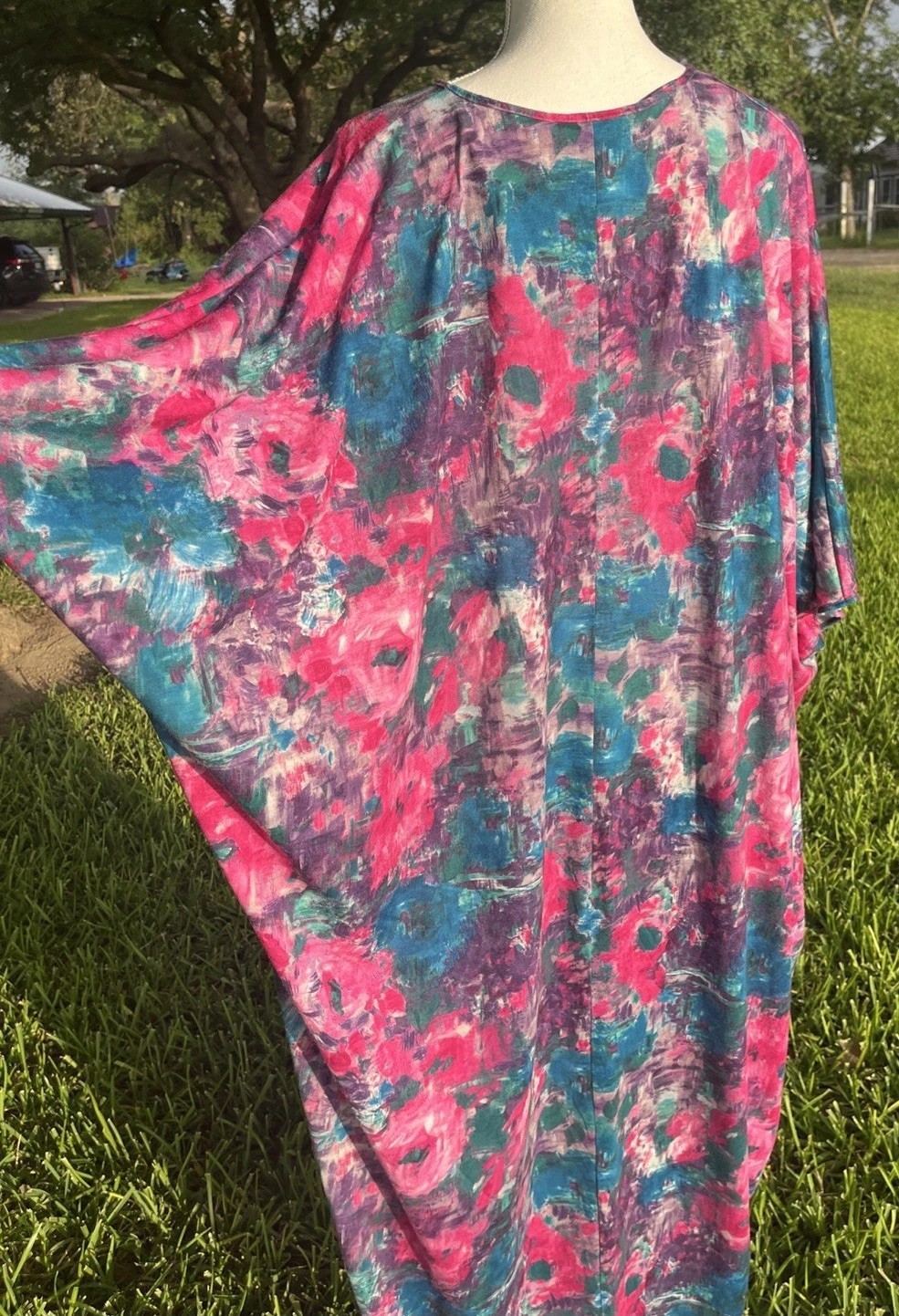 Caftan Lounge Dress Batwing Floral Plus Size Pink Blue Made USA Vintage