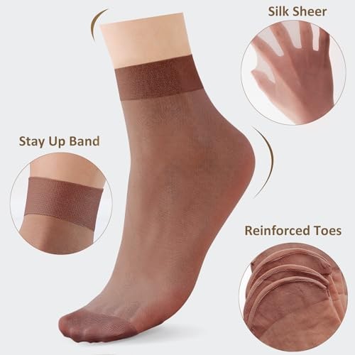 Women’s Everyday Sheer Ankle Nylon Soft socks – 9 Pairs 20D One Size Coffee
