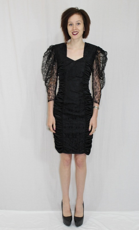 Vintage 80s Black PUFFY Slv Lace RUCHED Open Back Cocktail Party WIGGLE Dress~XS