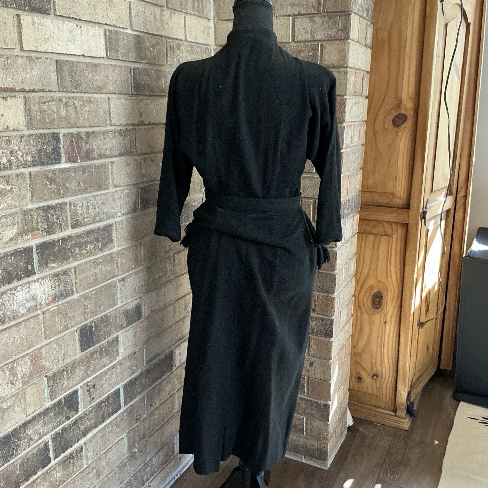 VINTAGE Black Wool Midi Dress Fringe Pockets Belt Button Front Size S/M #8D4
