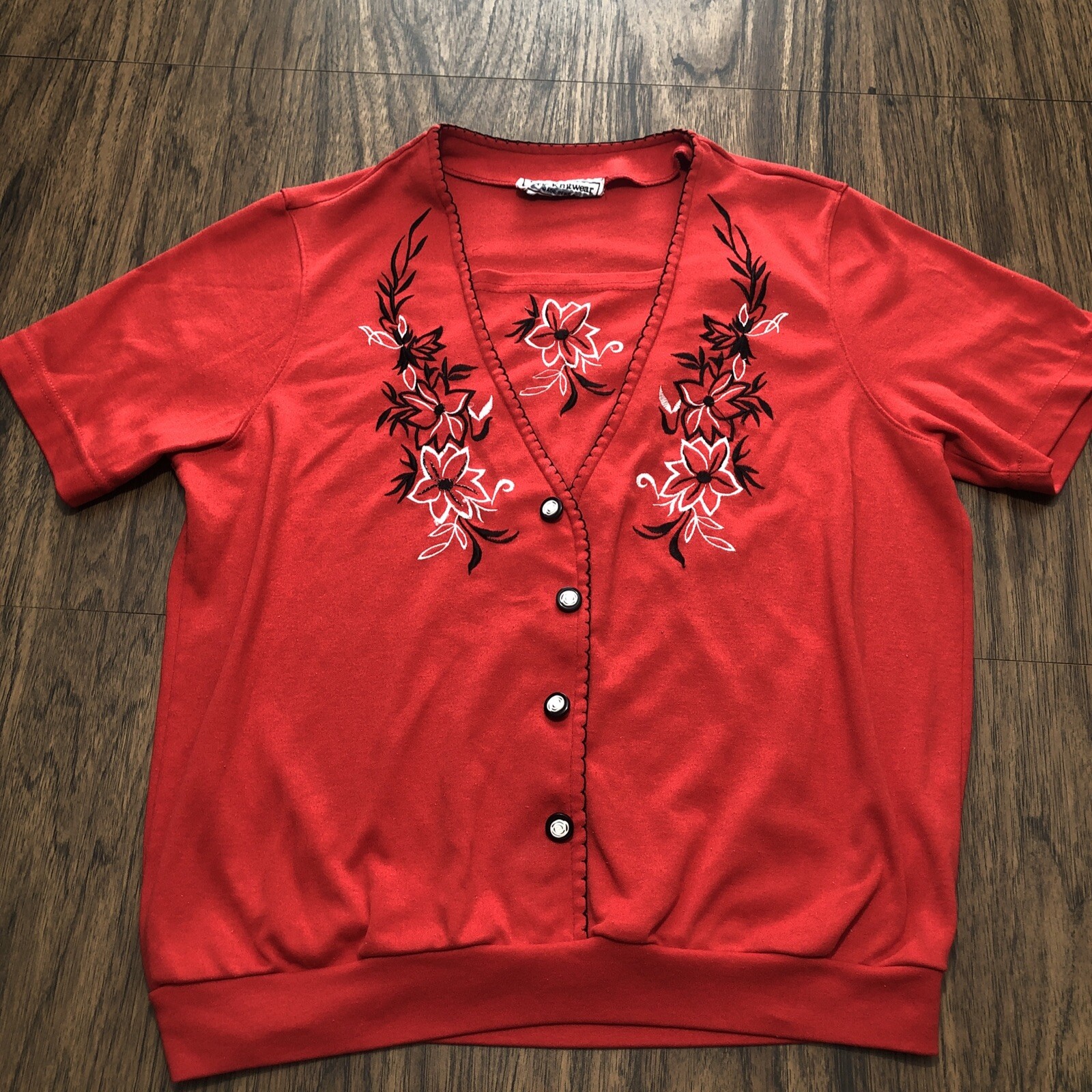Retro 80s 90s Jeric Knitwear Pullover Faux Cardigan Shirt Top Floral Made USA