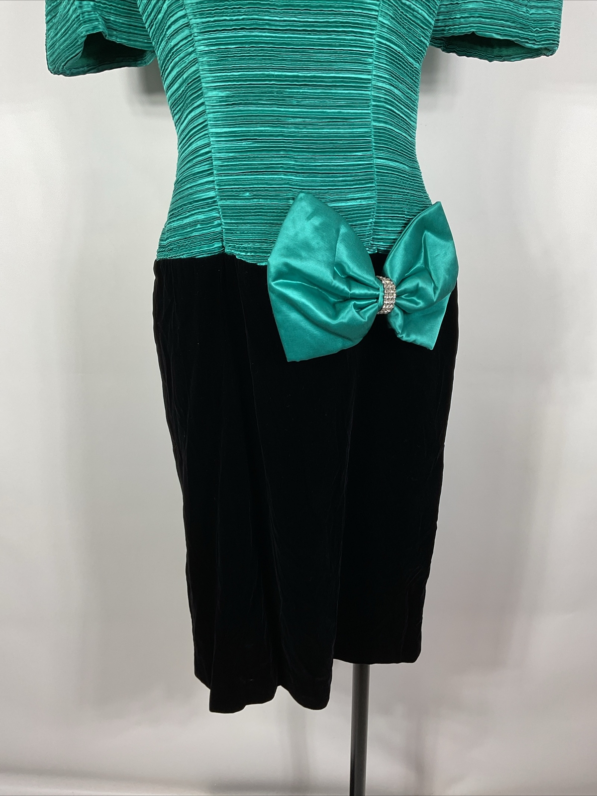 Opening Night Vintage 80s Teal Puffy Sleeve Velvet Prom Party Formal Dress 7/8