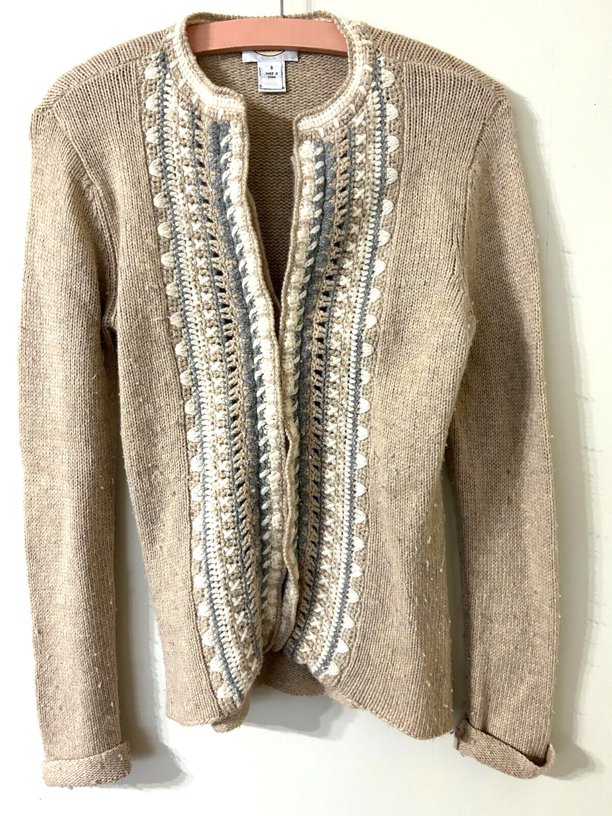 Vtg Talbots Cashmere Angora Wool Cardigan Sweater Embroidered Tan Gray Ivory, Sm