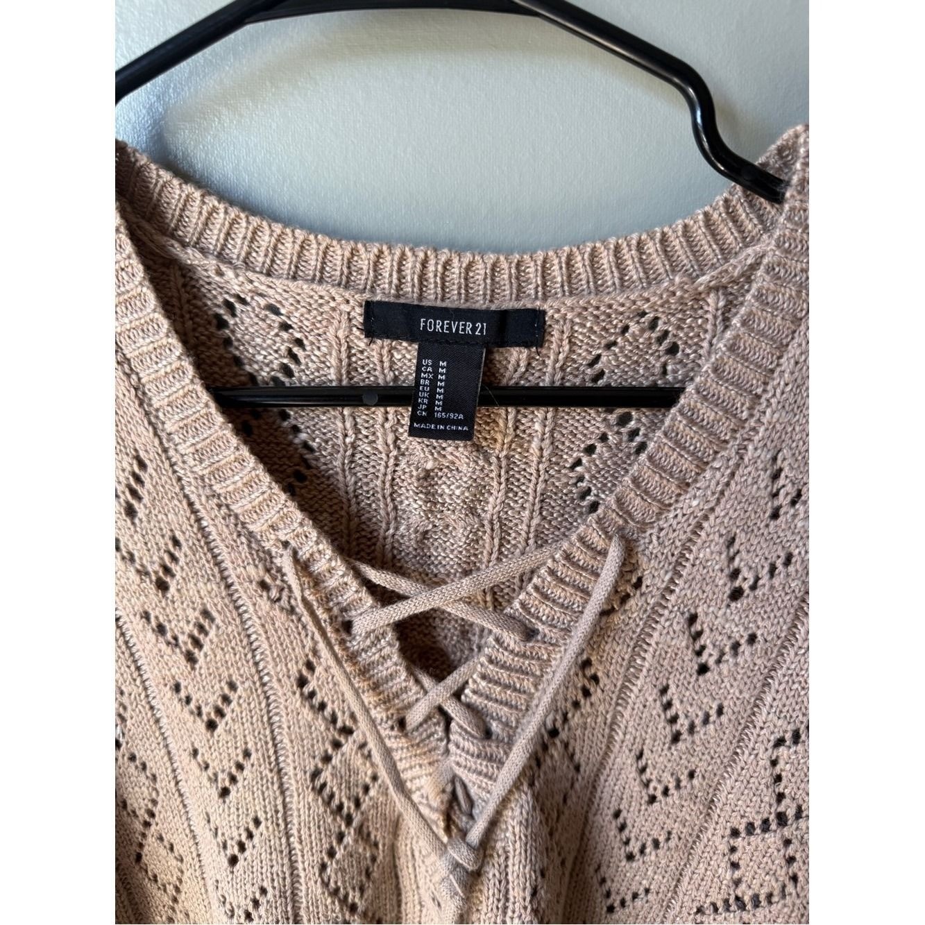 Boho Coquette Women’s Medium Pointelle Knit Lace-Up Sweater Blush Pink
