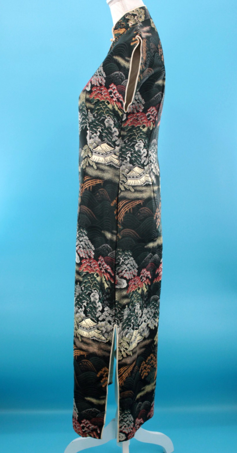 VTG Women’s 50s Black Multi Color Brocade Cheongsam Dress Sz S/M 1950s Jacquard