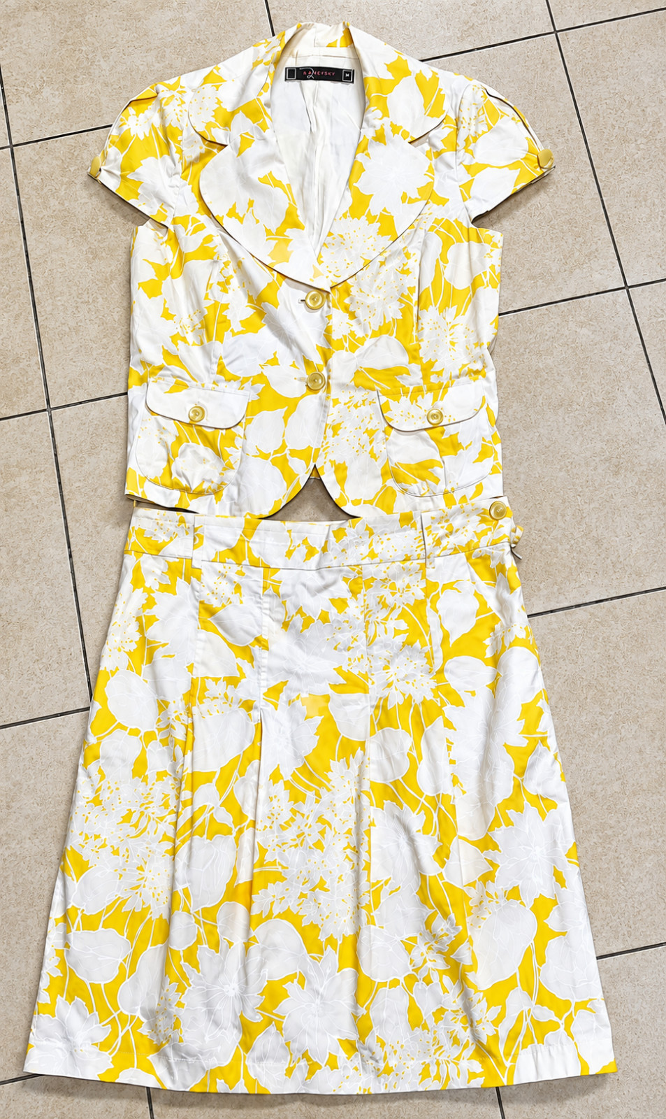 Premium Vintage Raxevsky Women’s M Yellow White Floral 2 Piece Blazer Skirt Set