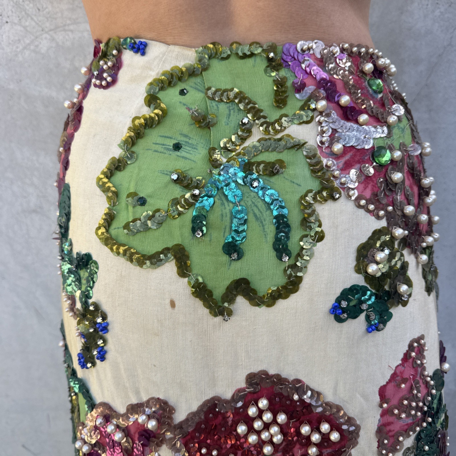 Vintage 1930s Painted Skirt Rhinestones Beading Pearls Flower Showgirl Burlesque