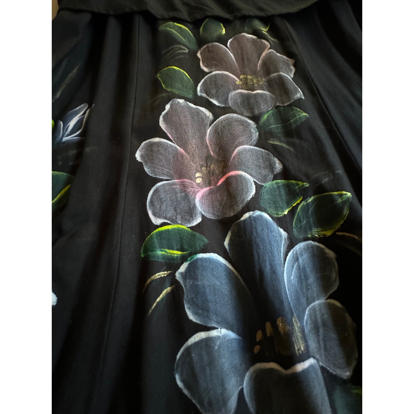 Phoenix Vintage Hand Painted Floral Black Midi Dress Shoulder Pads Tie Waist OS