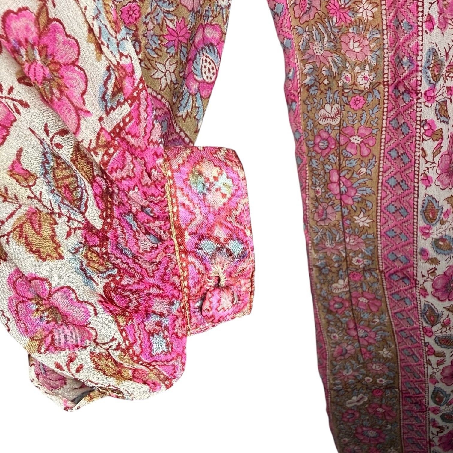 70s Vintage Ritu Kumar Judith Ann I Magnin Pink Silk Block Printed Boho Dress S