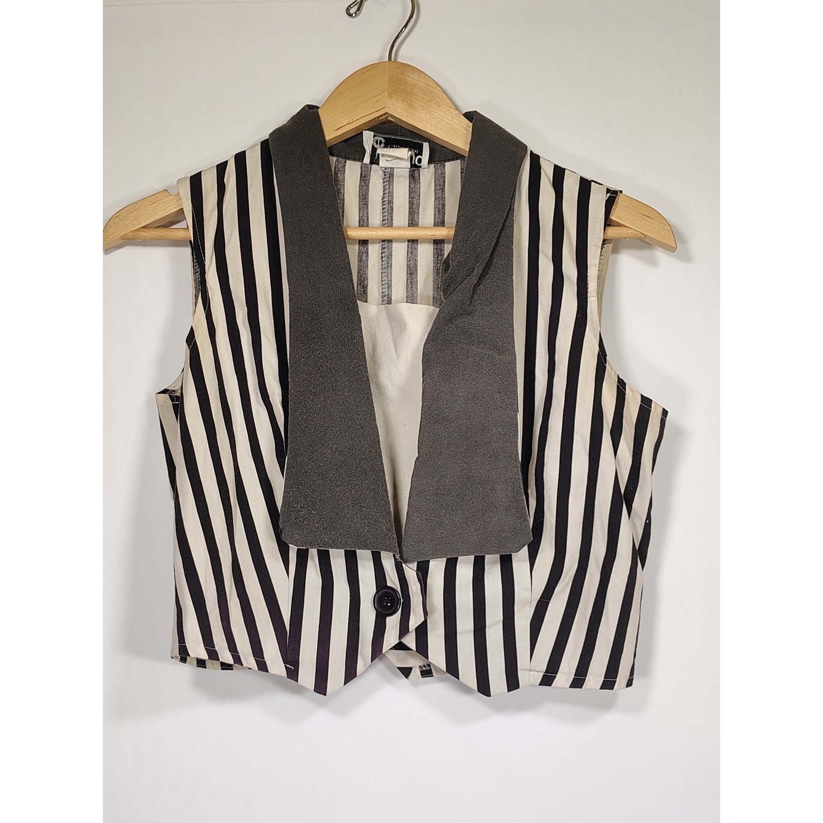 Banjo Dallas Texas Vintage Striped Cropped Vest Grey Shawl Collar Medium