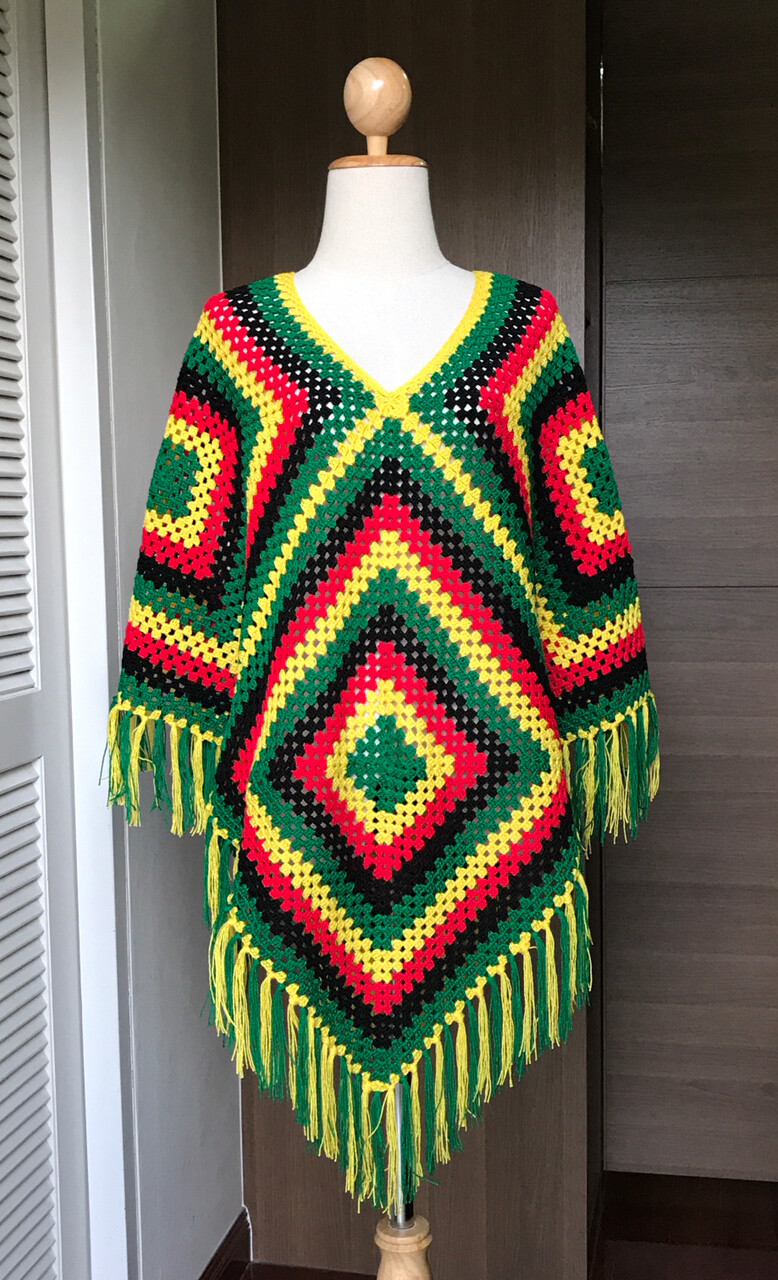 Women’s Hand Knit Crochet Boho Reggae Multi-Color Festival Poncho Cape Shawl