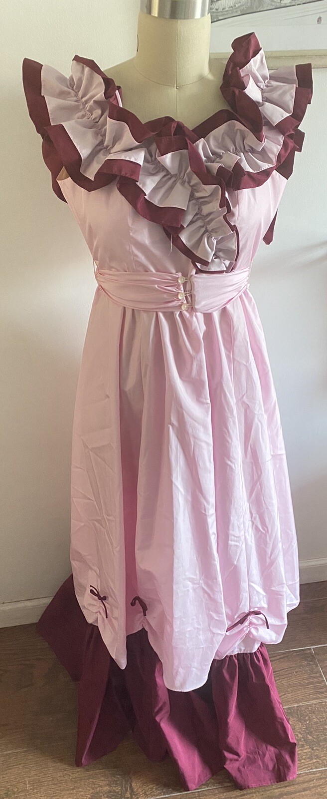 JC Penney Dress Light Pink, Deep Burgundy & Slip Southern Size 9/10 Ruffles Bows