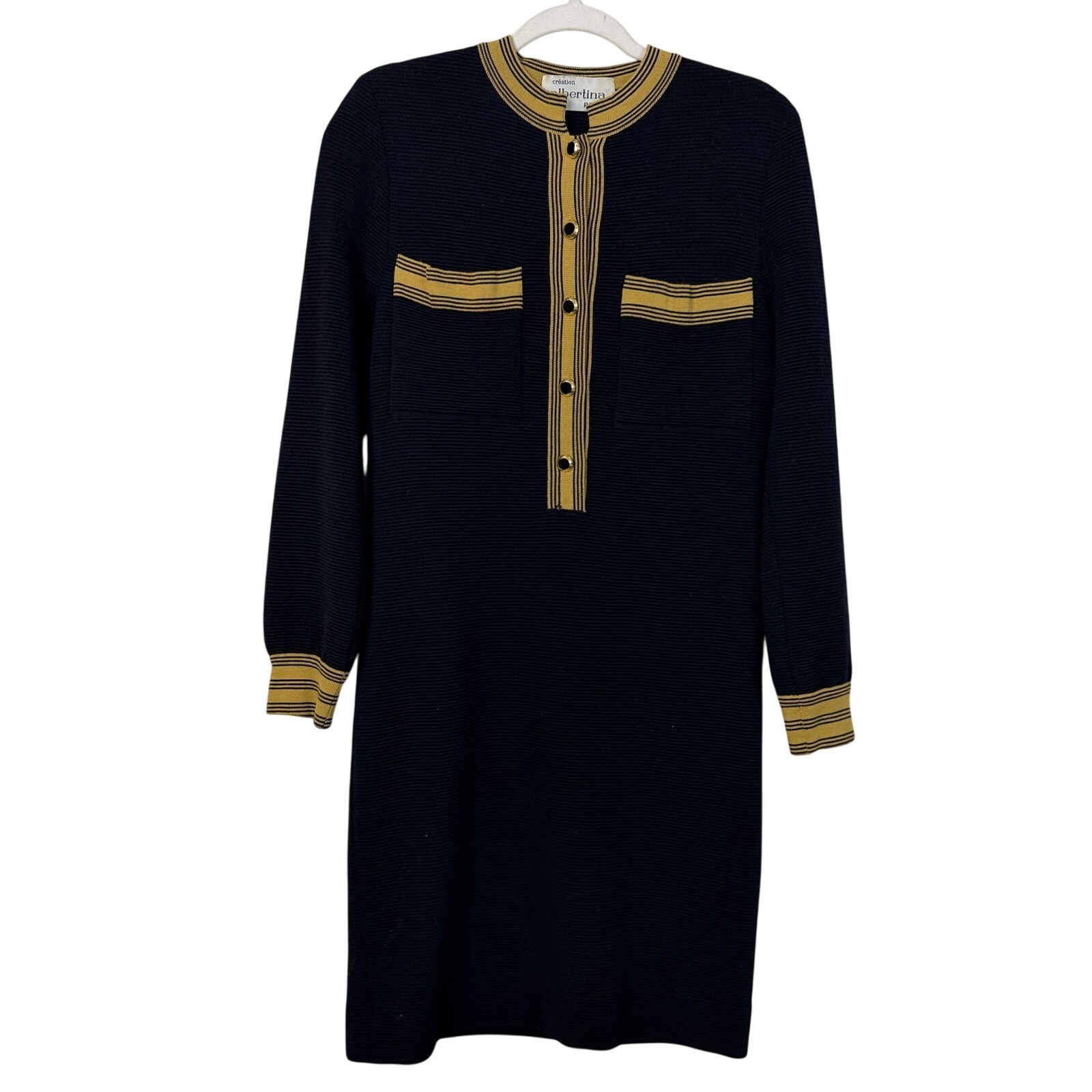Vintage 80s Black Gold Wool Knit Sweater Dress Sz 44 S/M Preppy Old Money Italy