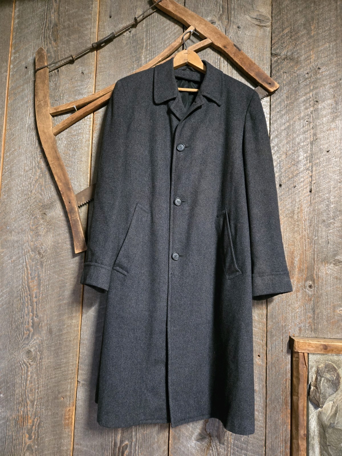 Vintage 40s/50s/60s Scottish Wool Herringbone Tweed Trench Coat M Charcoal Gray