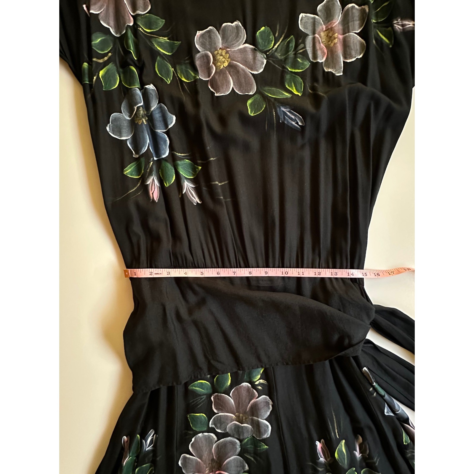 Phoenix Vintage Hand Painted Floral Black Midi Dress Shoulder Pads Tie Waist OS