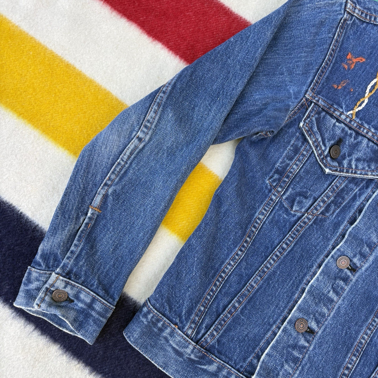Vintage 1970s Levi’s Big E Denim Trucker Jacket Type 3 Embroidered Hippie Biker