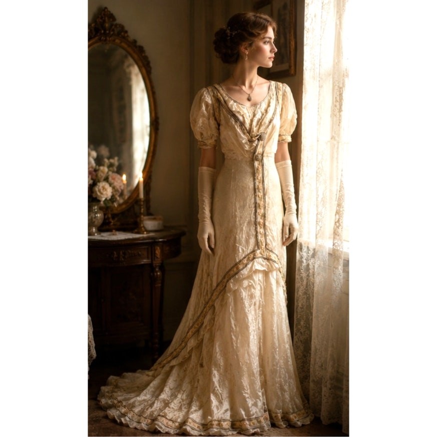 VTG Edwardian Ivory Silk Wedding Gown TLC Shattering Silk Embroidered Trim