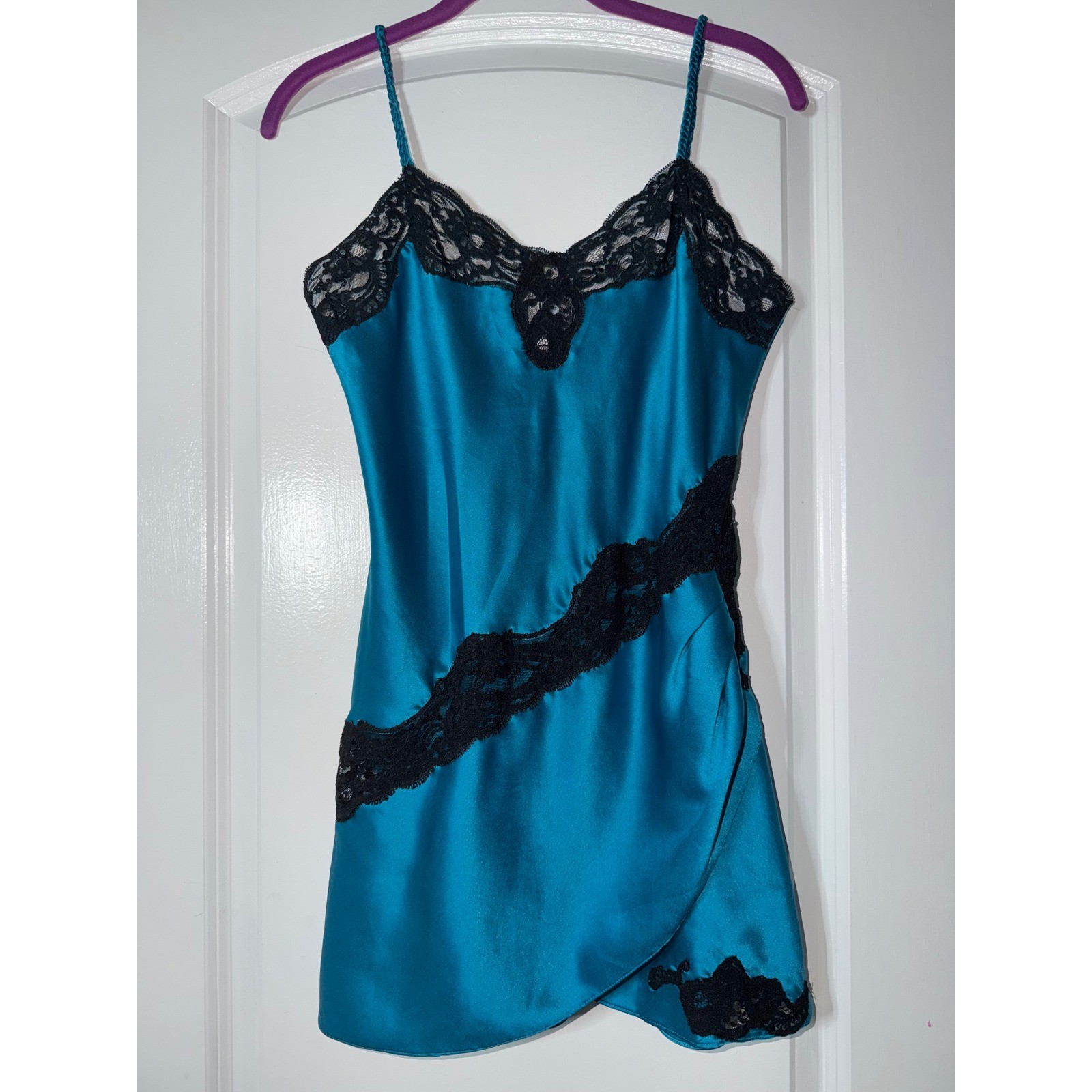 Vintage Victoria’s Secret Blue Satin Lace Trim Slip Dress Size P 90s Nighty