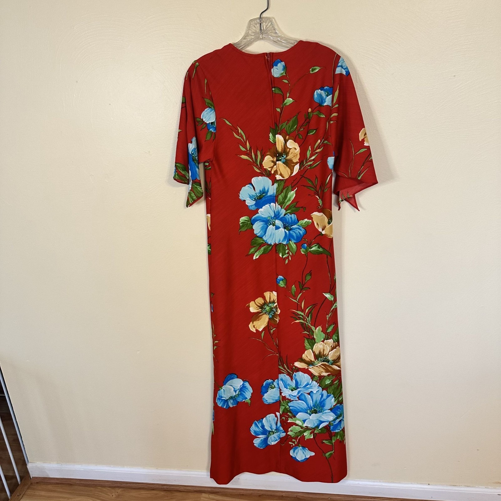 Vtg Red Floral Maxi Dress Nani Of Hawaii Short Sleeves Polyester USA Small
