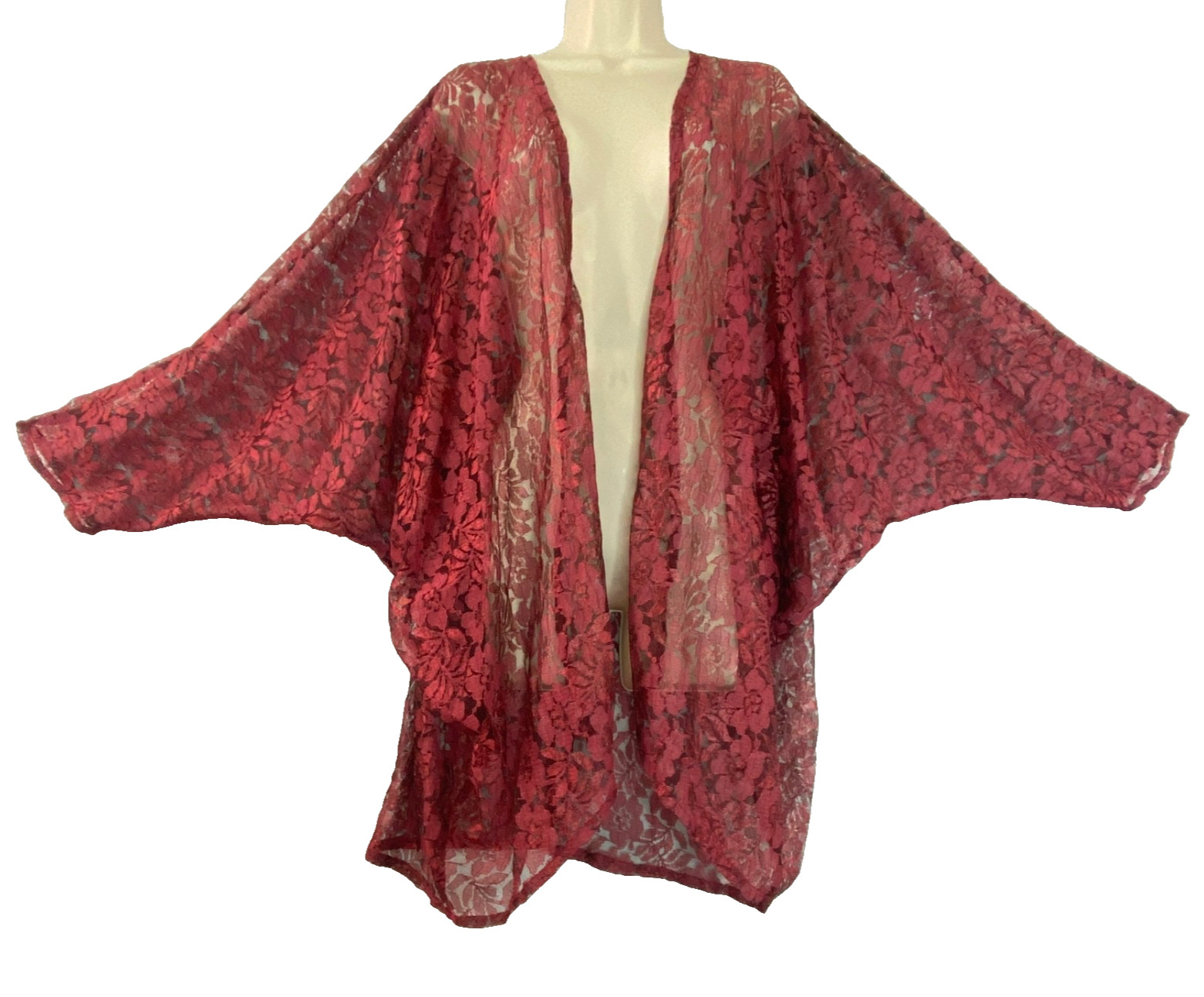 Vintage 1990s burgundy lace MARY MCFADDEN kimono open front top pink red sheer