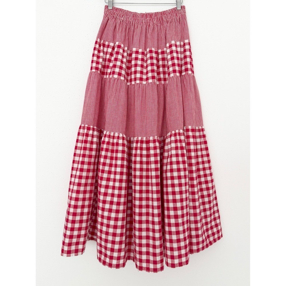 Vtg Red Gingham Plaid Patchwork Tiered Maxi Skirt Cottagecore Prairie Boho (S-L)