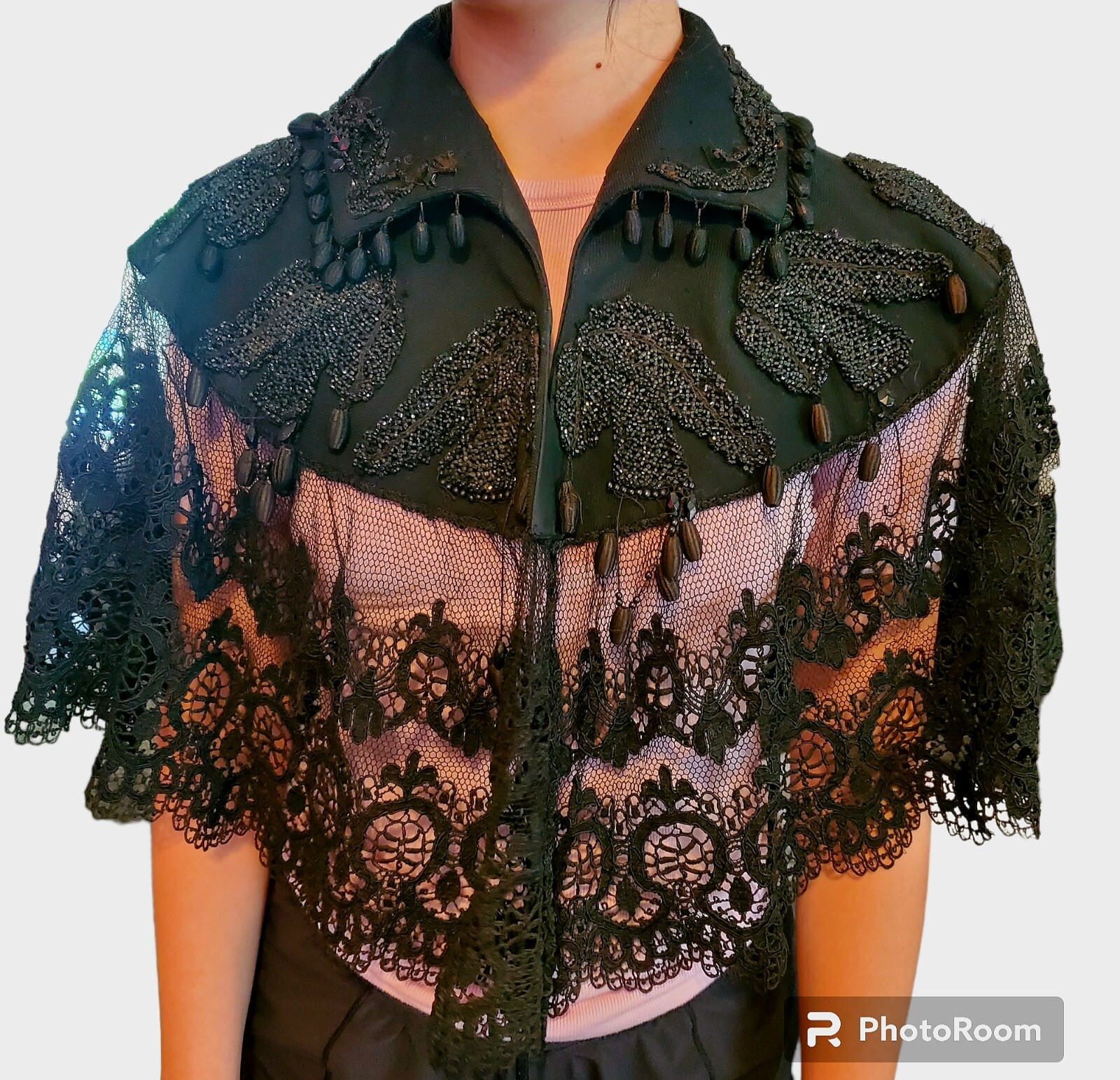 Antique Black Beaded Lace Victorian Edwardian Mourning Cape Capelet Mantel