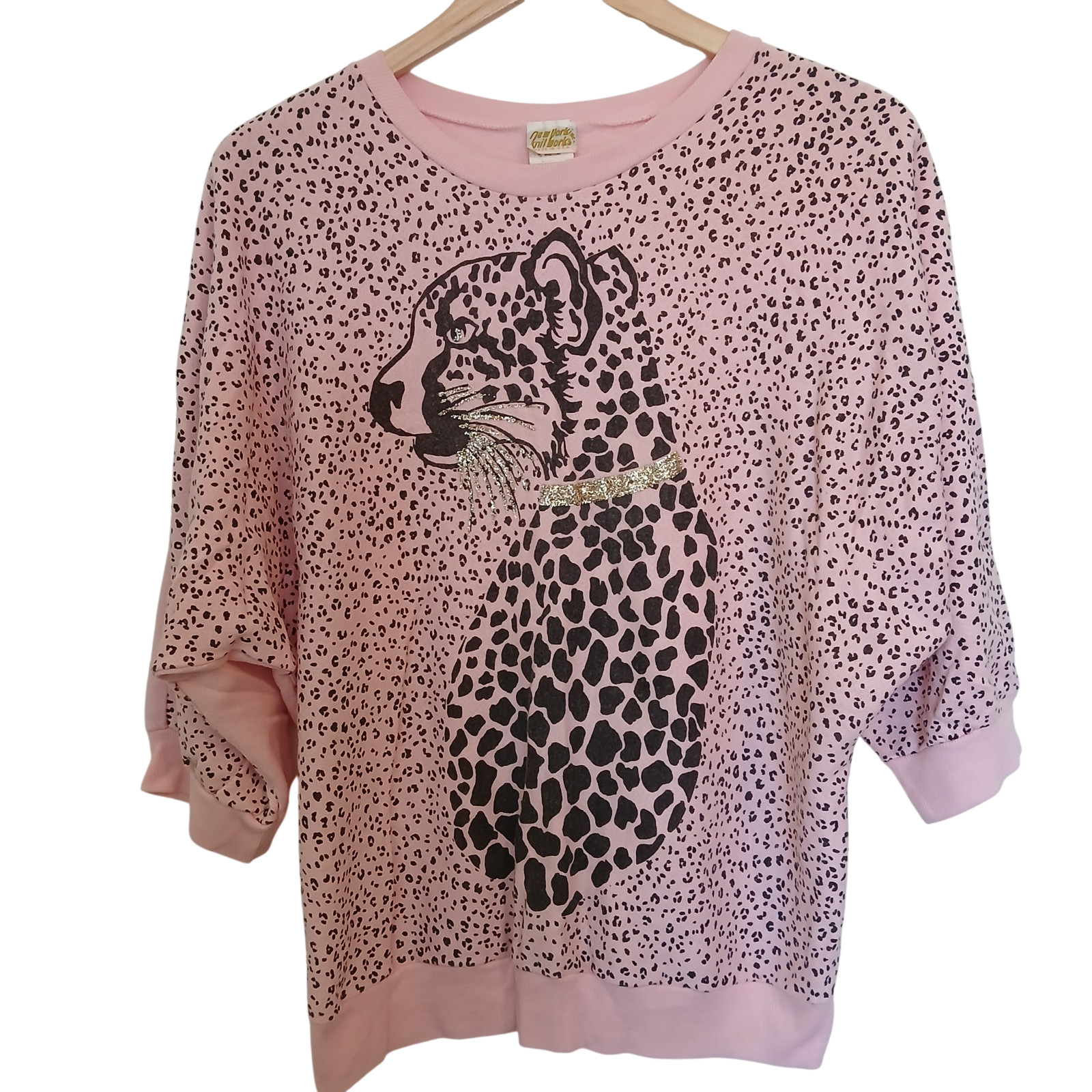 VTG ’80s Leopard Cat Graphic Print Pink Dolman Sleeve Shirt Glitter Valley Girl