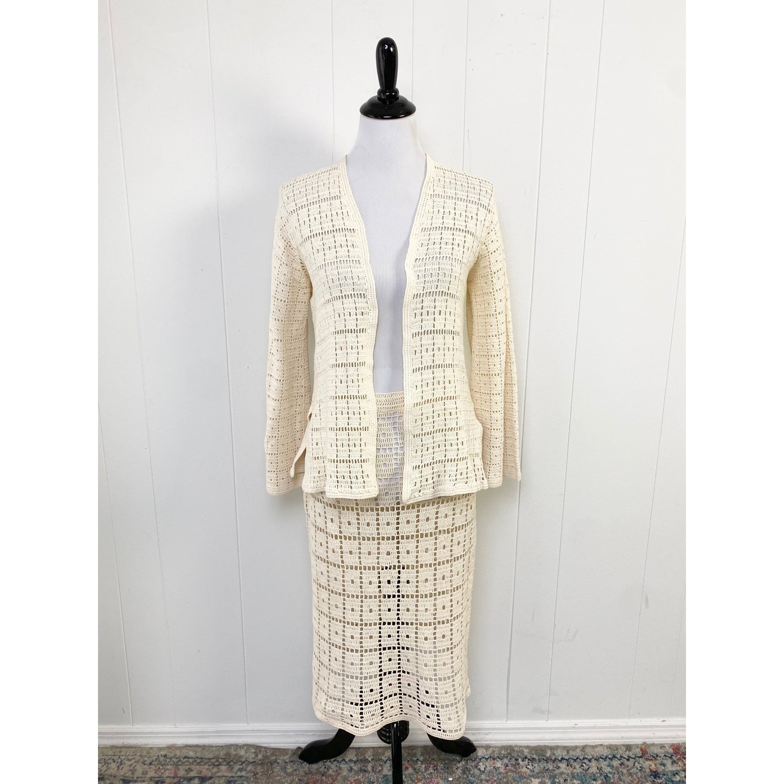 VTG Handmade Crochet 2 Pc Set Cream Cardigan & Midi Skirt Boho Open Knit Sz S/M