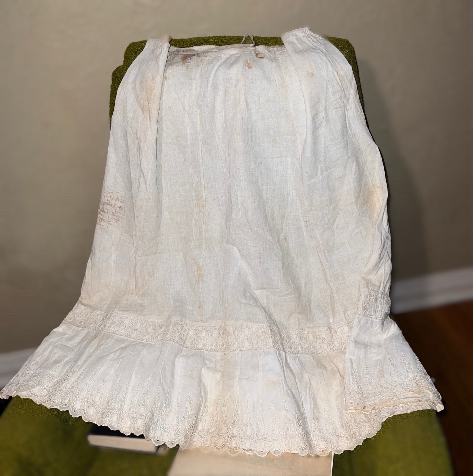 Antique Victorian Edwardian White Hand Sewn Embroidered Skirt Petticoat Stained