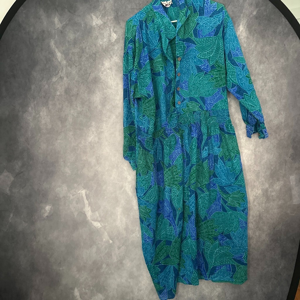 Malia Vintage 80s 90s Blue Green print dress with pockets super comfy