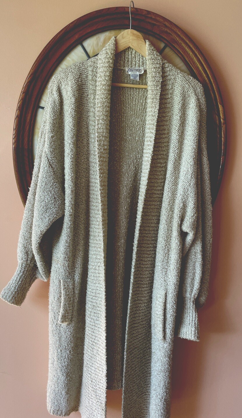 90s Vintage Acrylic Knit Light Beige Pockets Open Front Sweater Jacket L/XL