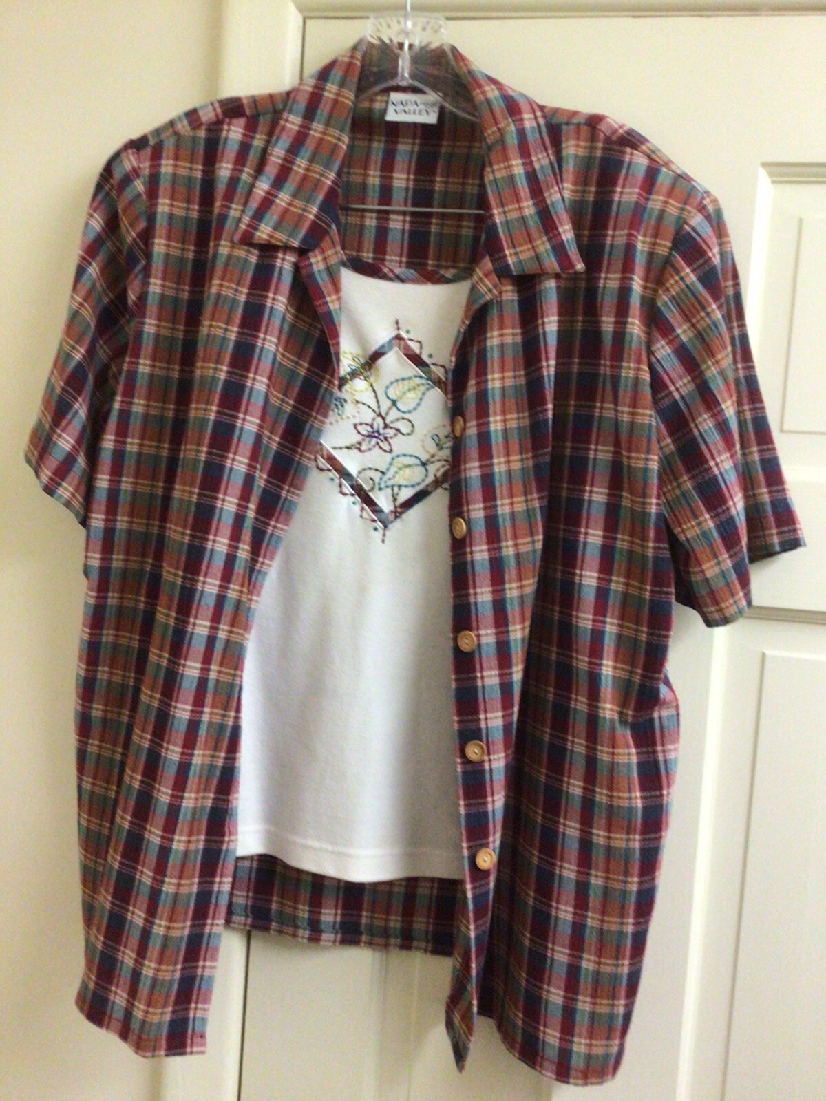 Napa Valley Women Med Blouse 2-in-1 Top Beige Plaid Red Green Embroidery Vintage