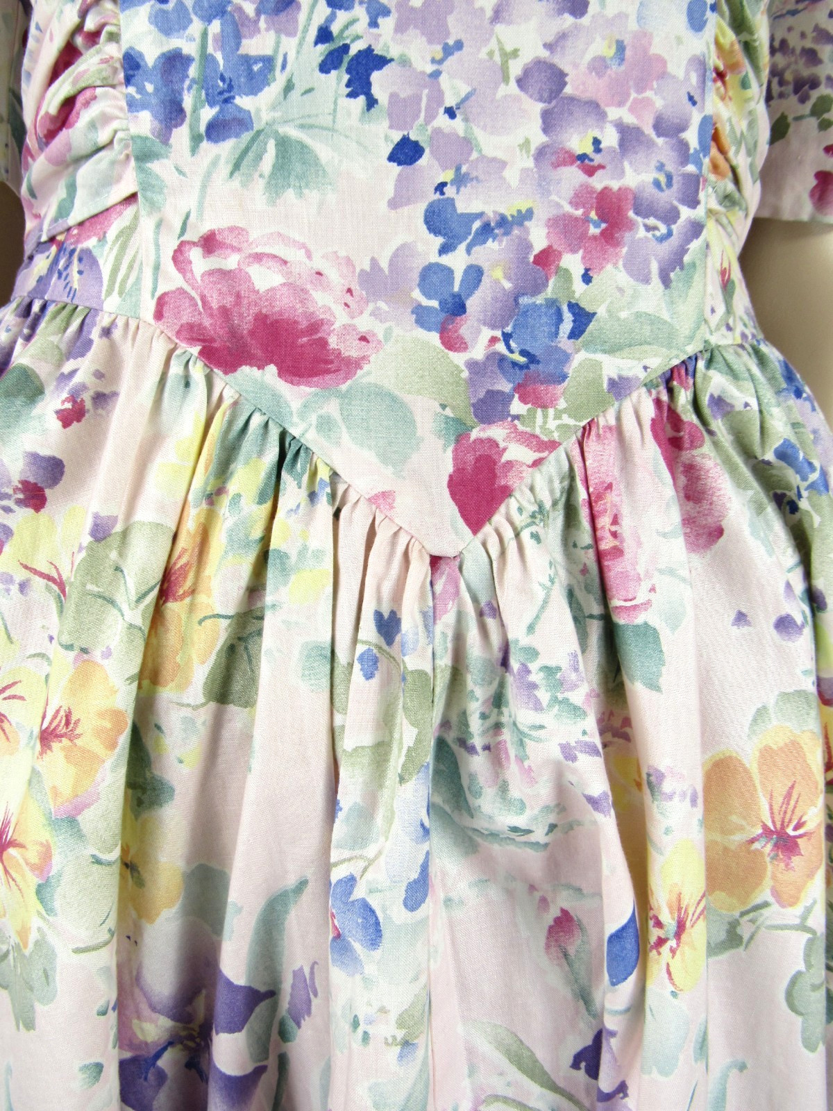 Vintage 80s Expo Floral Puffy Sleeves Big Bow Floral Cotton Midi Tea Dress S/M