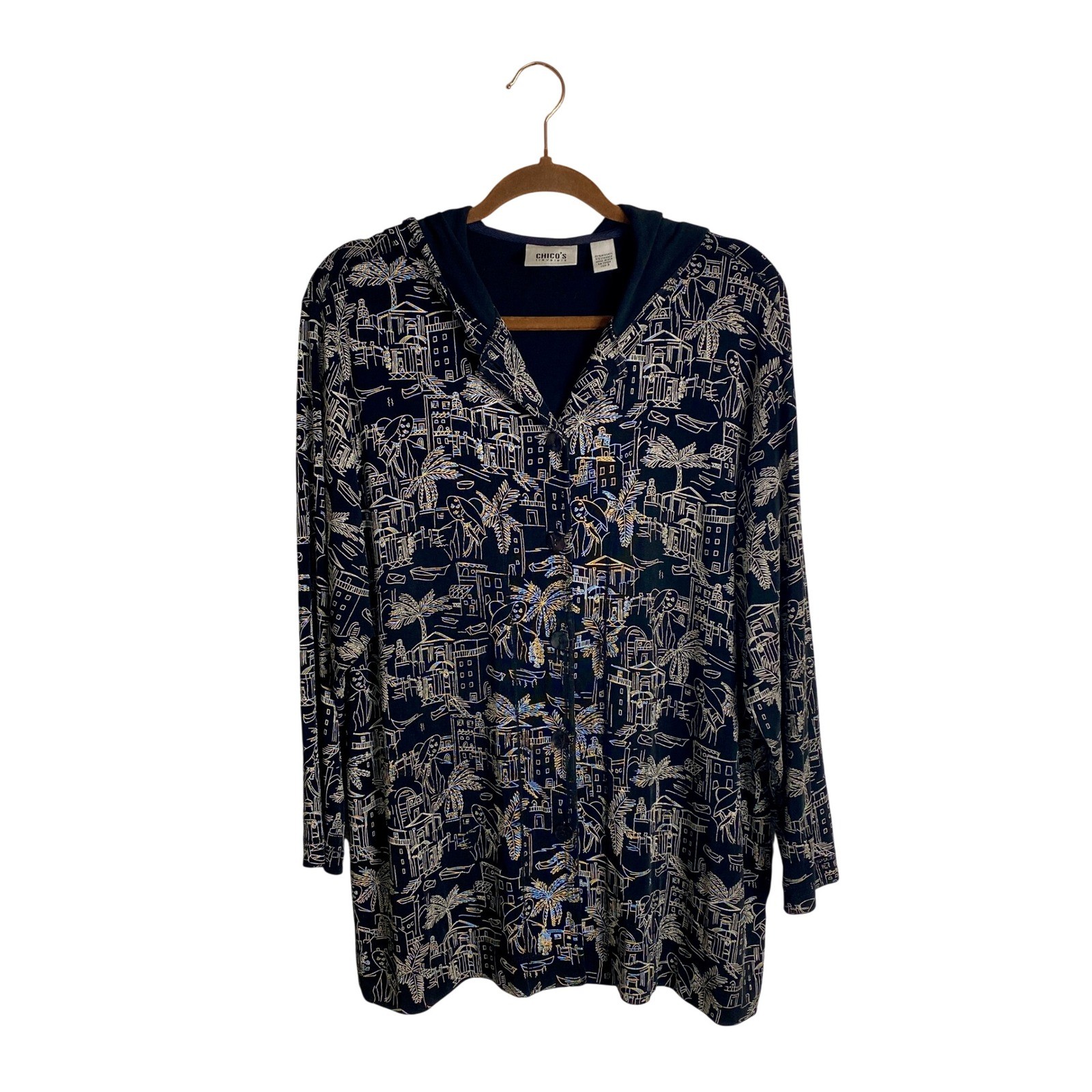 Chico’s Travelers Vintage Hooded Top Jacket Size 3 XL Novelty Print Resortwear