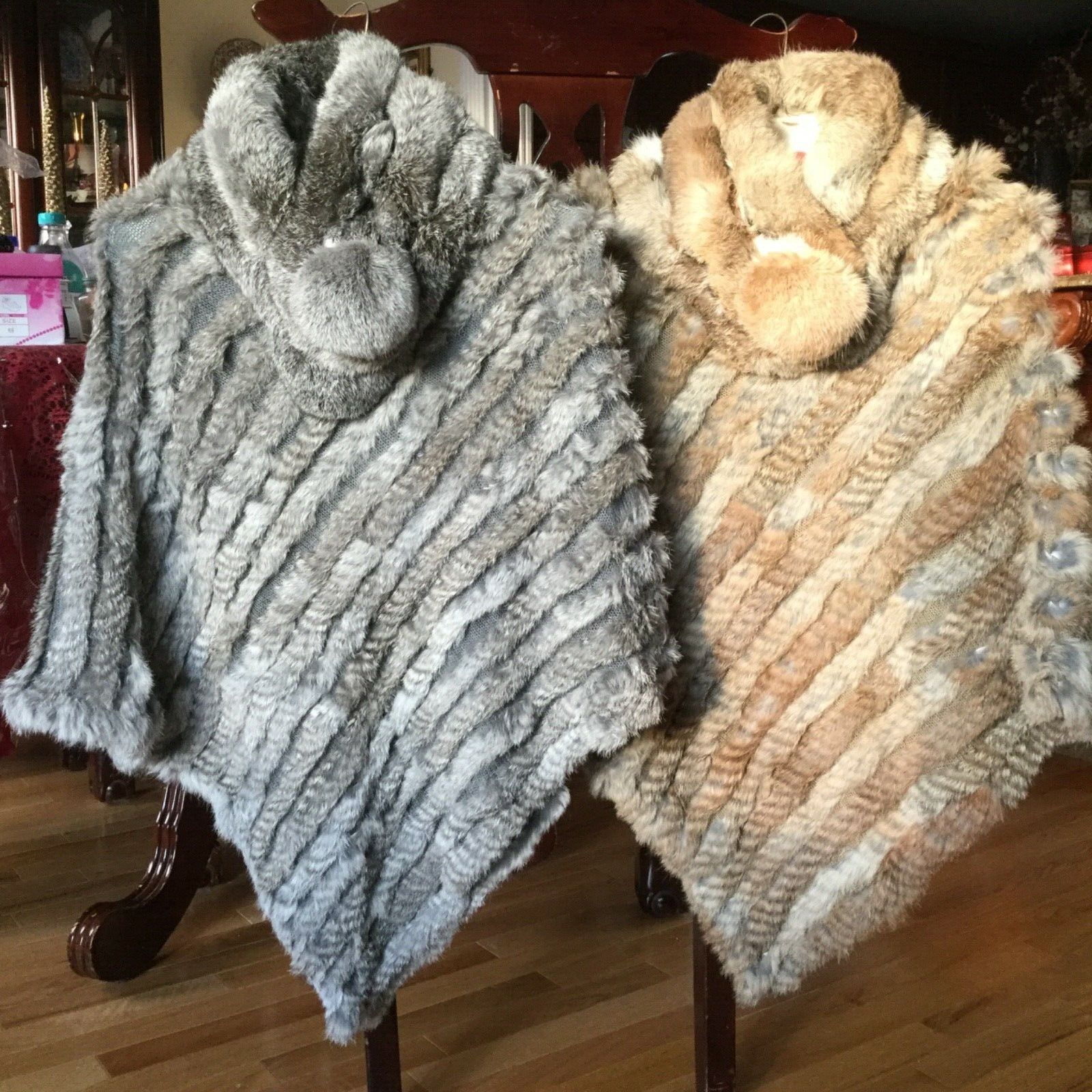 Rabbit FUR PONCHO Shawl Pullover HIPPIE BOHO COWGIRL, Tan or Grey