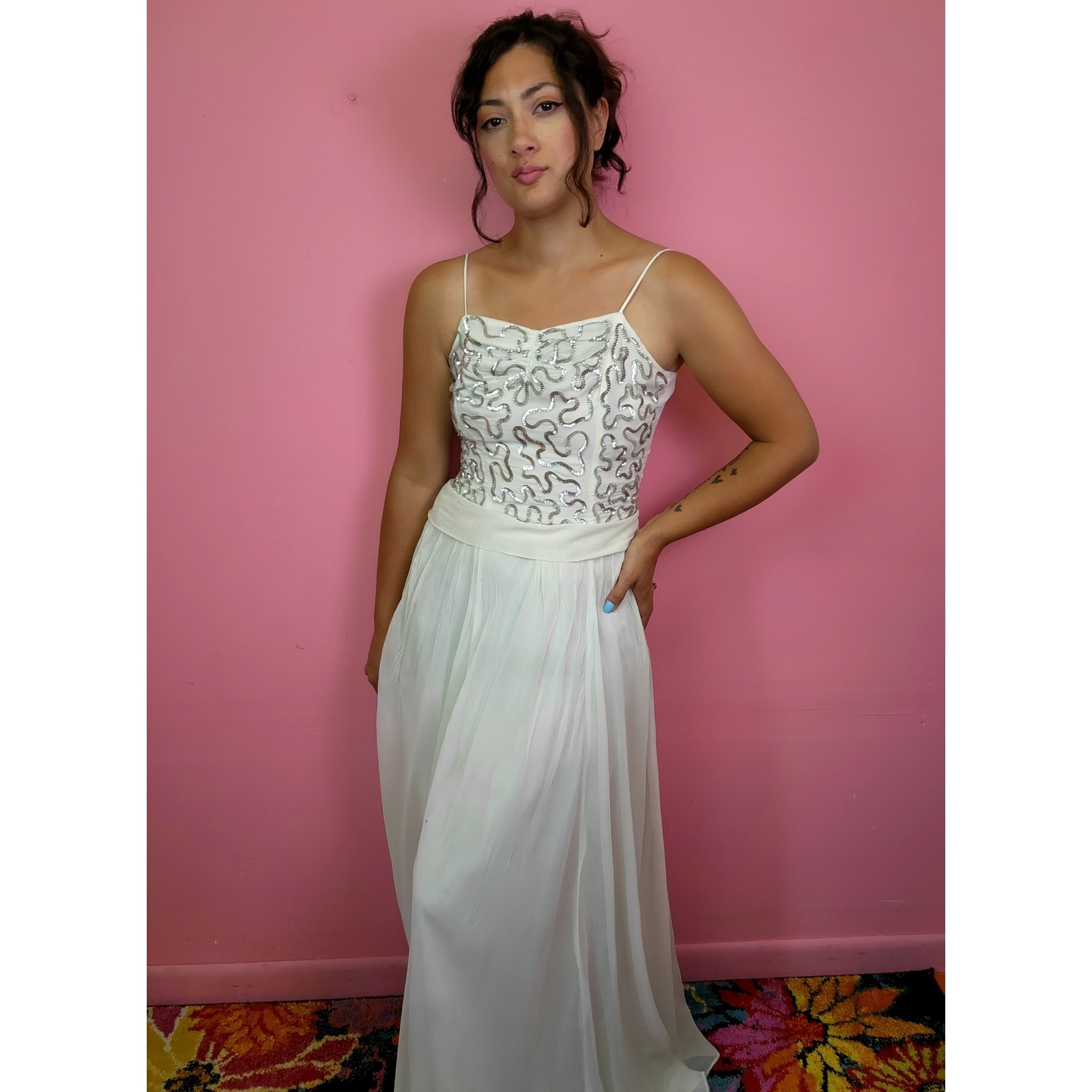 Vintage Late 1940’s White and Silver Sequin Bodice Chiffon Gown with Bow Back