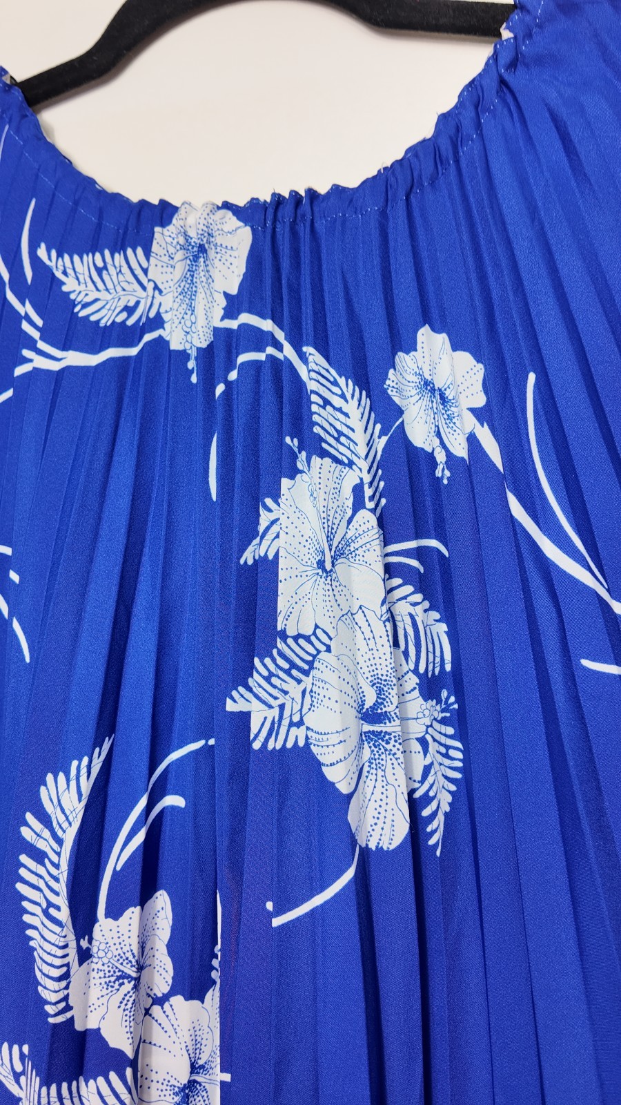Vintage 70s 80s Royal Palm Hawaii Blue Pleated Kaftan Hibiscus Floral Dress