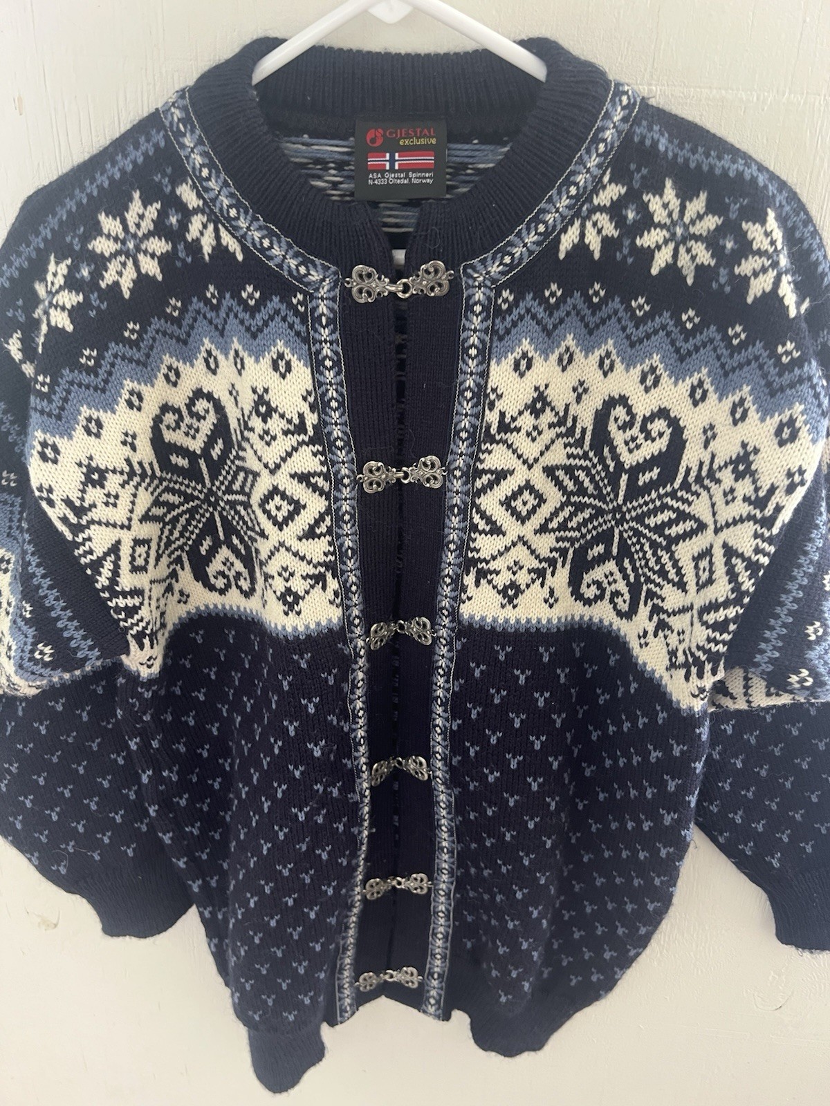 Vtg Nordstrikk Norwegian Wool Cardigan Sweater Blue White Metal Clasp Sz M
