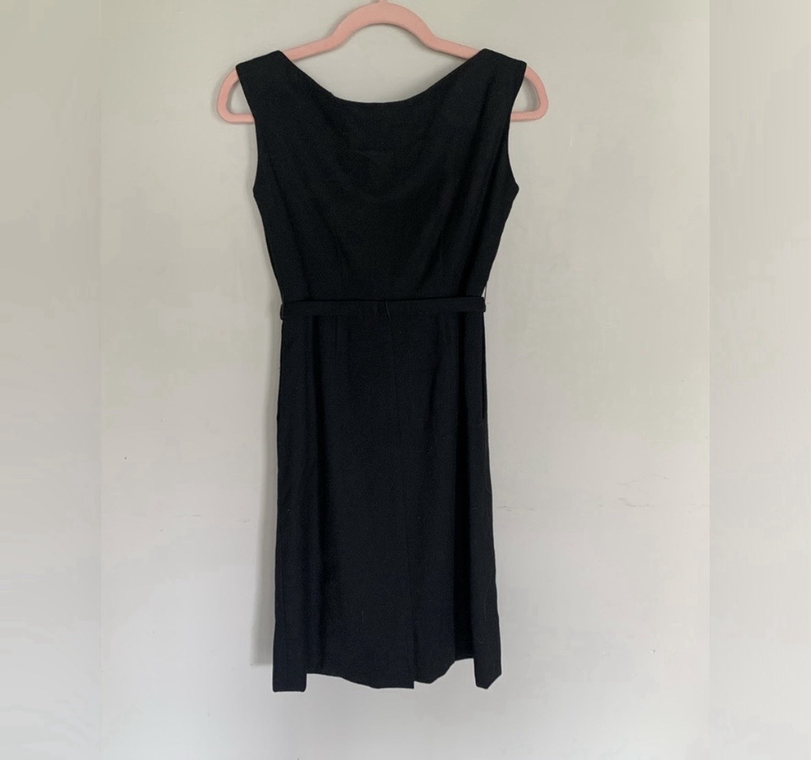 Vintage Carlye Mid-Century Black Belted Wool Beaded Bateau Neckline Midi Dress
