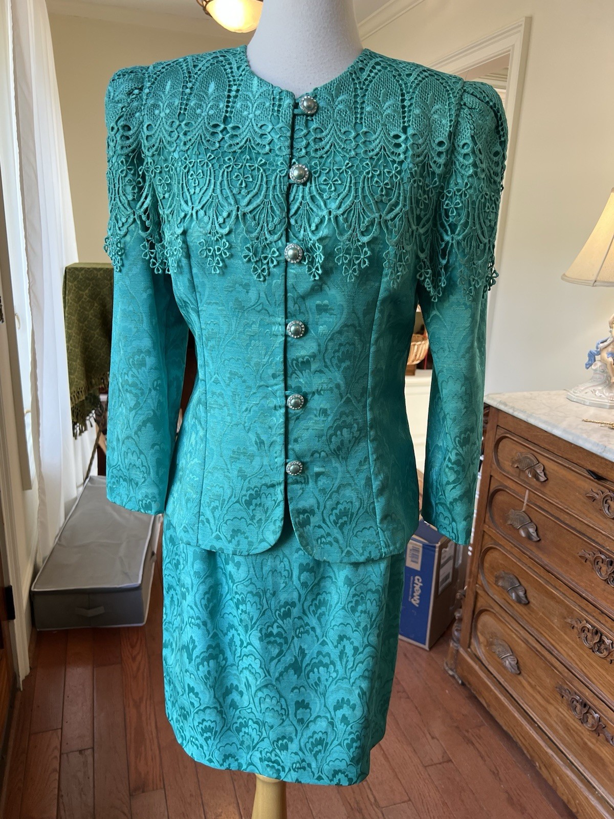 VTG 80’s 2 Piece Teal Dress, Big Lace Rhinestone Buttons, Big Shoulder Pads Sz 8