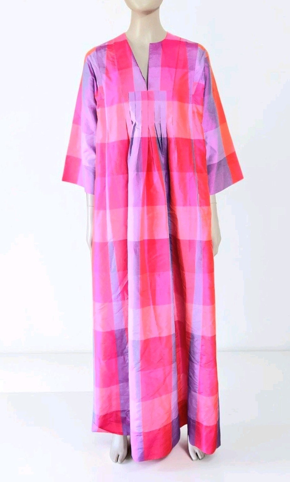 Vintage Jim Thompson Siamese Trader Thai Silk Belted Madras Kaftan Dress M 60s