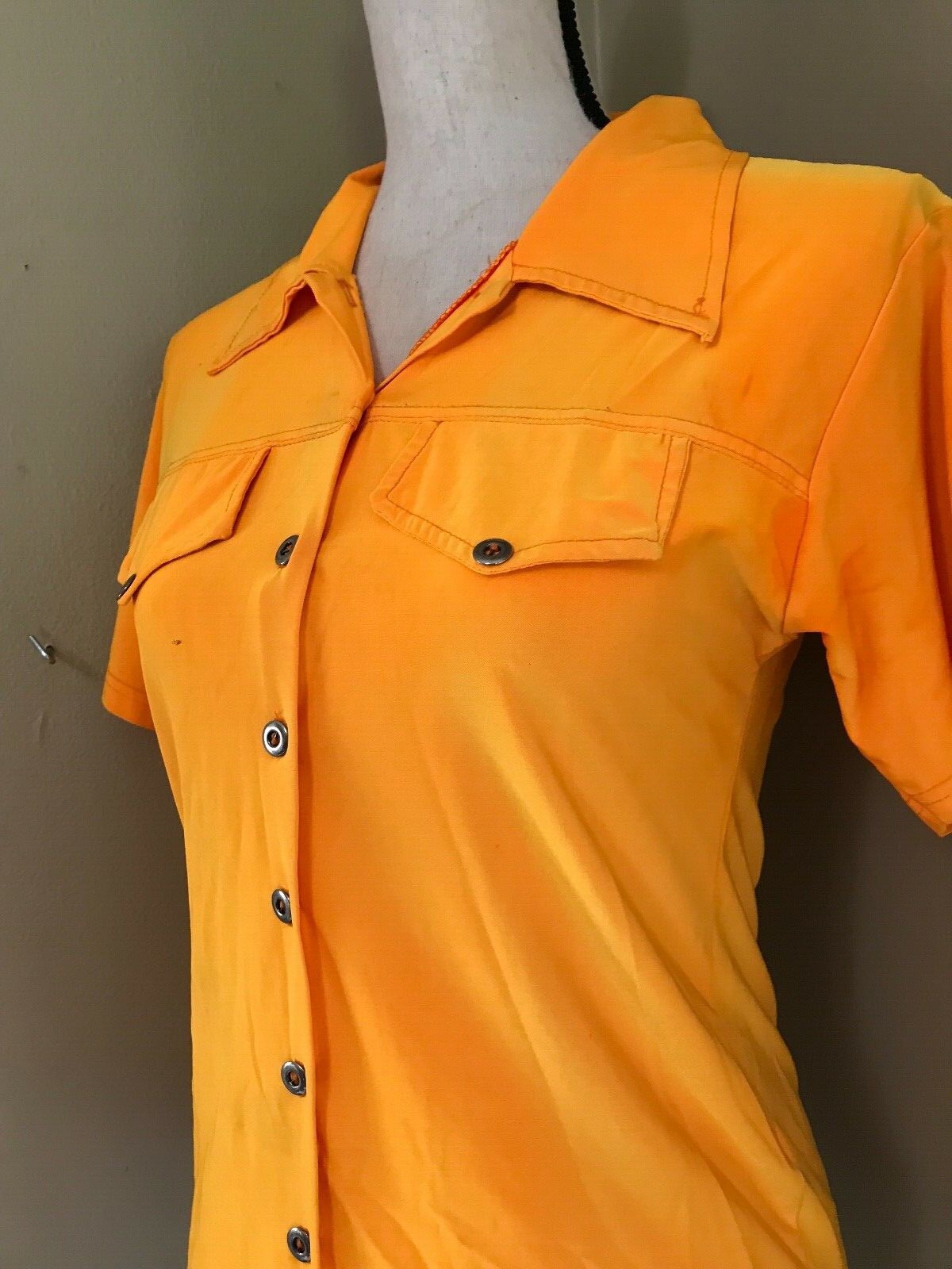Vintage 90s BODY CENTRAL Neon Orange Button Up Club Kid S/S Nylon Shirt Size S