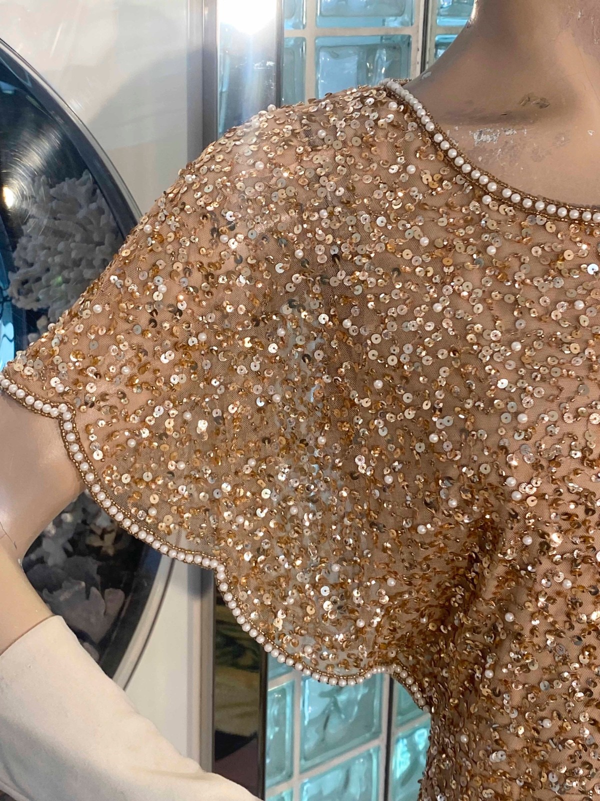 VTG Papell Evening Gold Sequin Beaded Dress Butterfly sleeves Fairy Knee 10