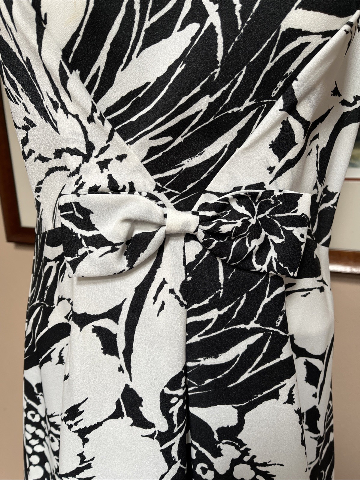 VTG 70s Ja Na of Hawaii Dress Maxi Sleeveless Bows Zip Floral Black White Sz M