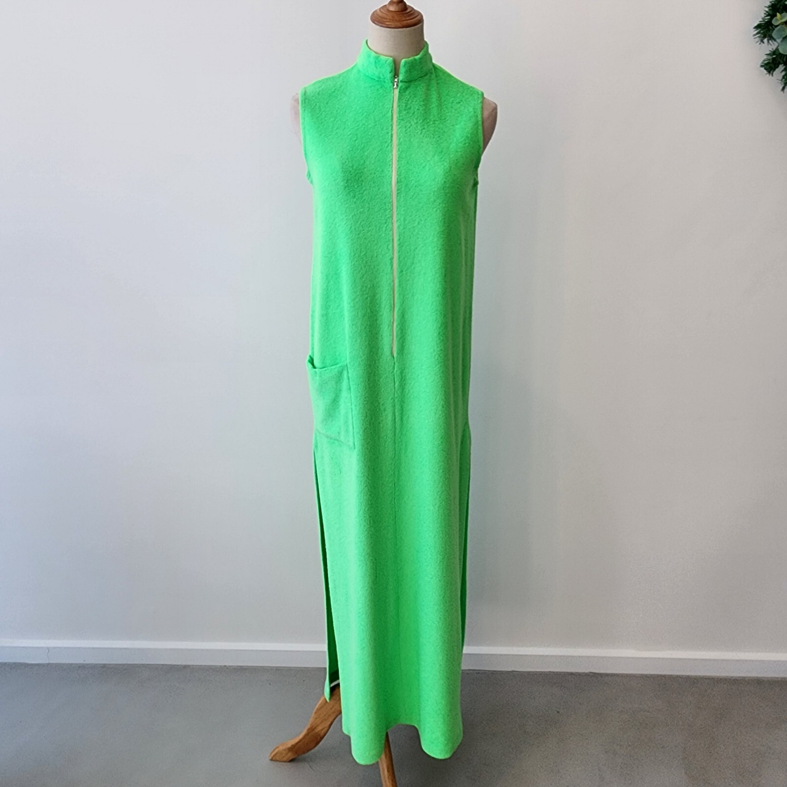 Vintage Catalina Dress Medium Neon Green Maxi Terry Towelling Cloth USA 70s