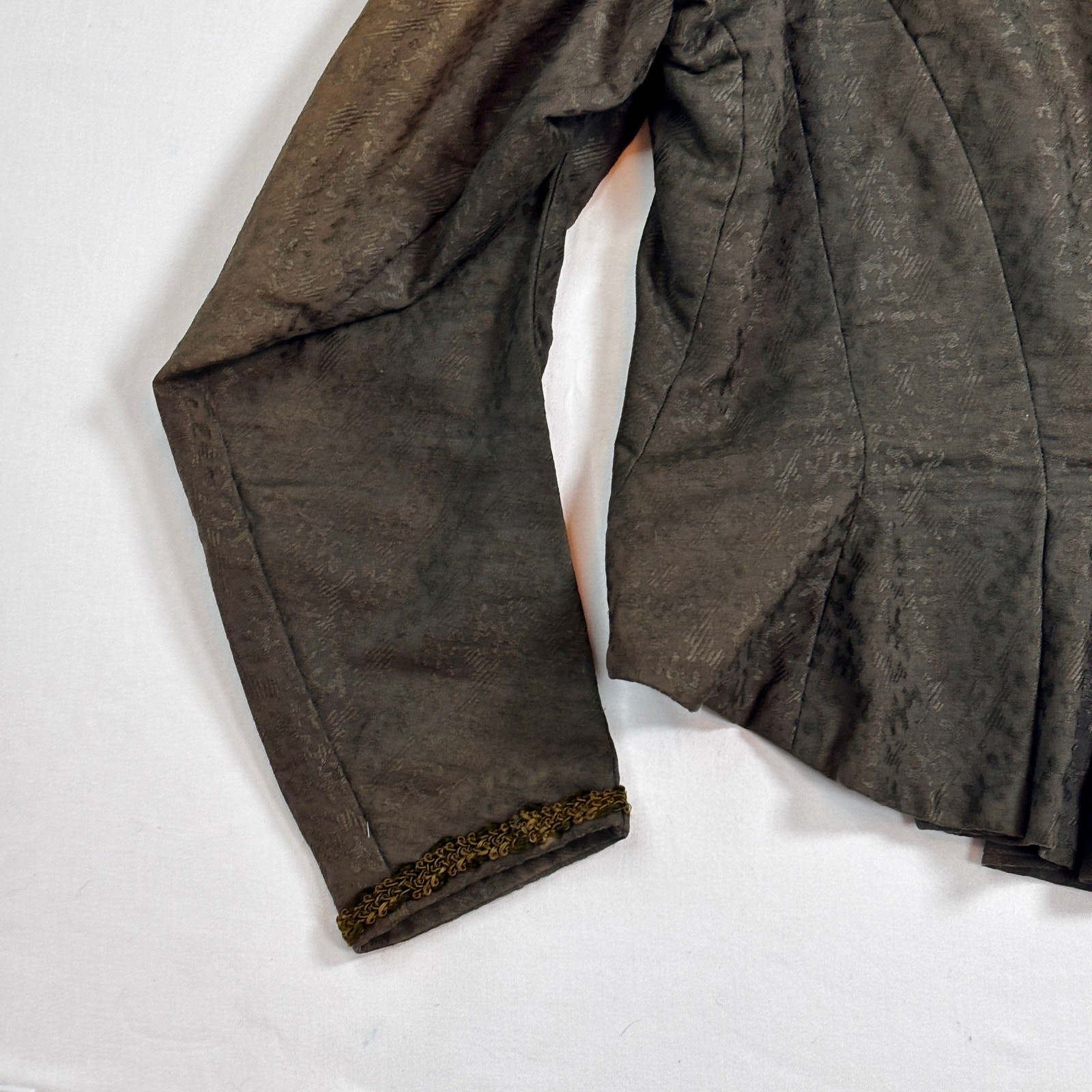 Antique Edwardian Moss Green Jacquard Wool Jacket Blouse Lace Floral Buttons