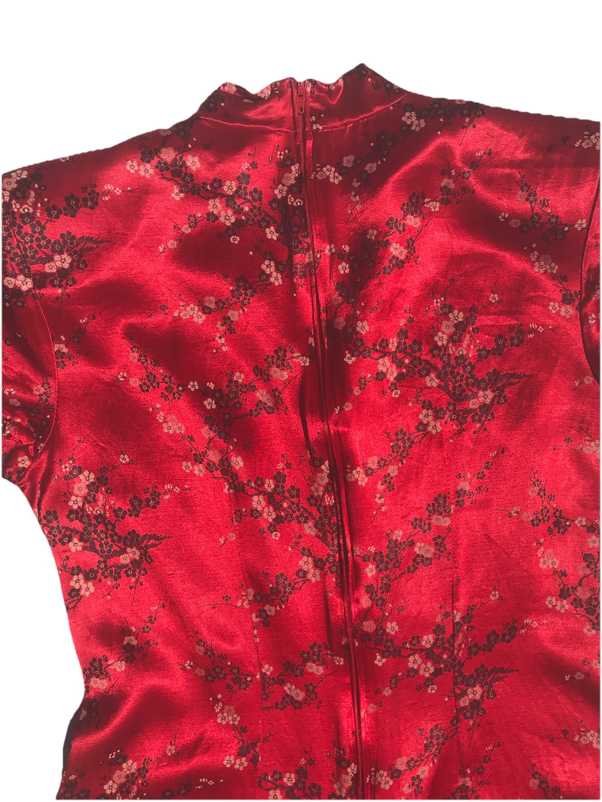 VTG 80s 90s Women’s Red Satin Form Fit Dress Geisha Asian Cherry Blossom 9 M